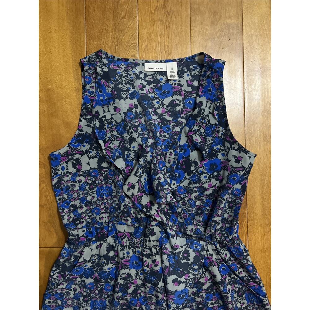 DKNY Jeans Floral Fit & Flare Mini Dress Size M Blue Ruffle Pockets Cottage Work - Picture 2 of 10